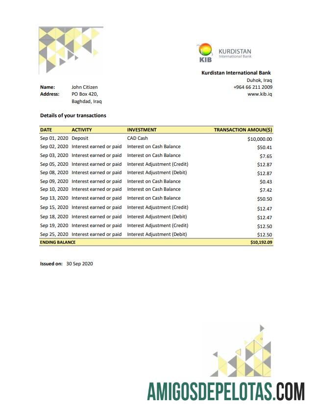 Modelo de comprovante de endereço do Banco Internacional do Iraque Curdistão para download em formato Excel e PDF